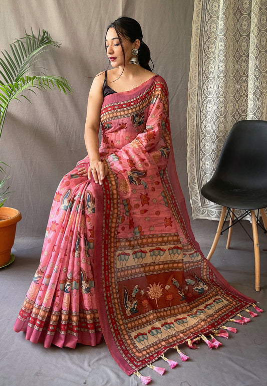 Kadambari Cotton Kalamkari Printed Saree Pink Saris & Lehengas