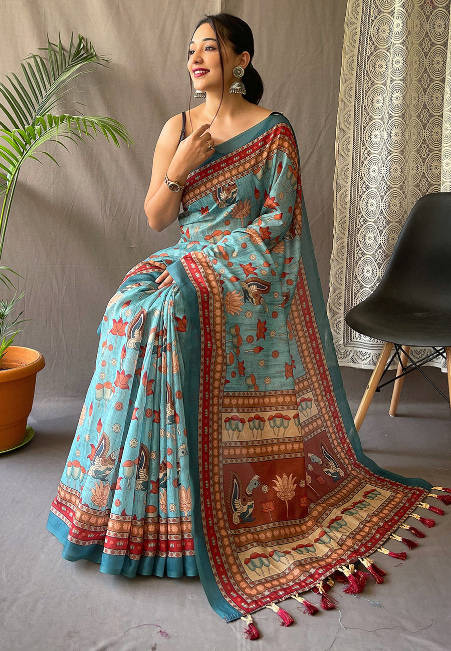Kadambari Cotton Kalamkari Printed Saree Blue Saris & Lehengas