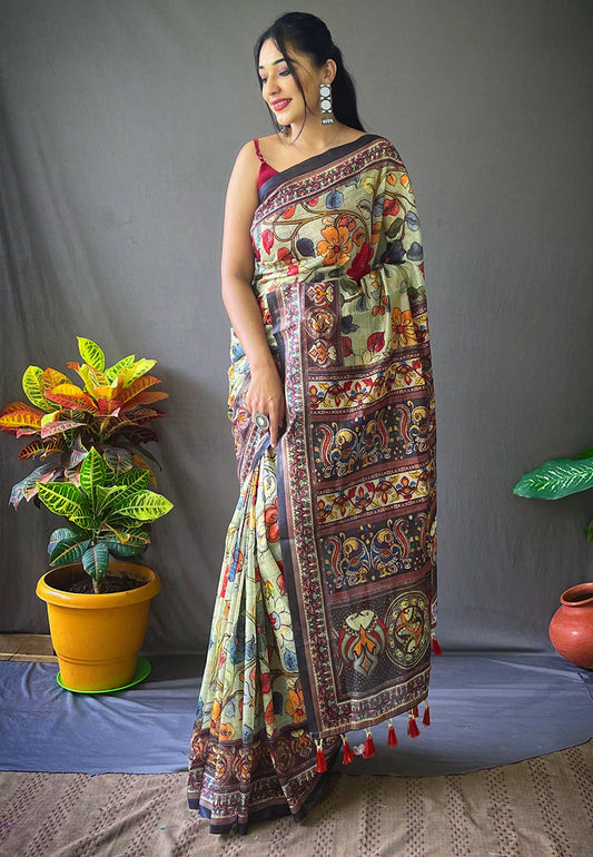 Cotton Kalamkari Printed Saree Olive Green Saris & Lehengas