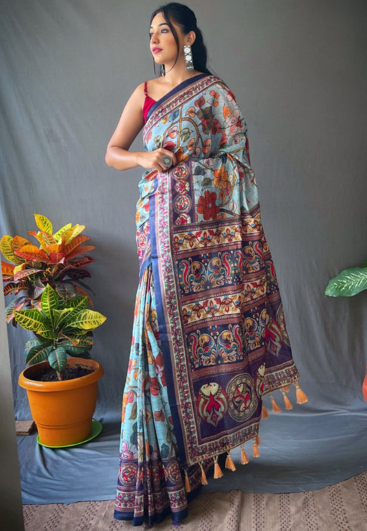 Sky Blue Cotton Kalamkari Printed Saree Saris & Lehengas
