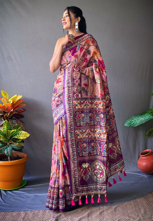 Peachy Pink Cotton Kalamkari Printed Saree Saris & Lehengas