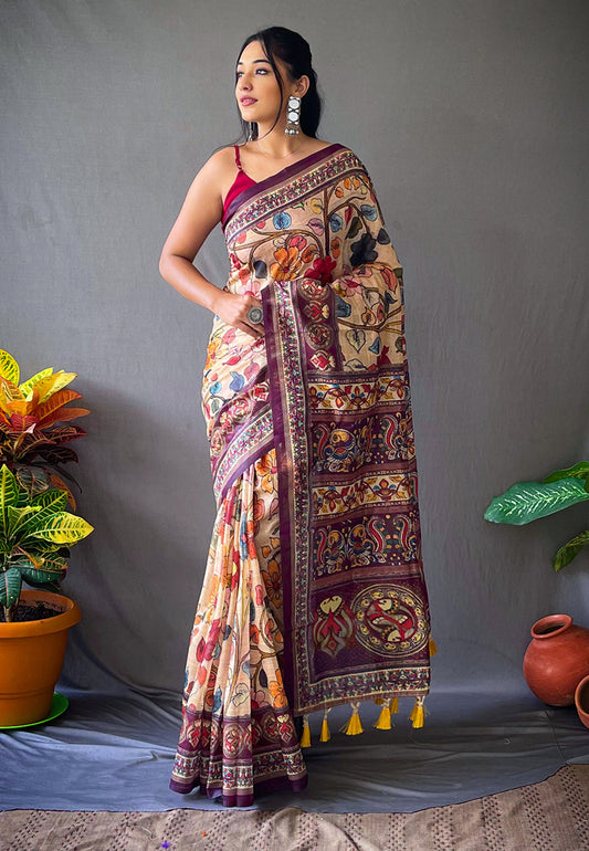 Cotton Kalamkari Printed Saree Chickoo Saris & Lehengas