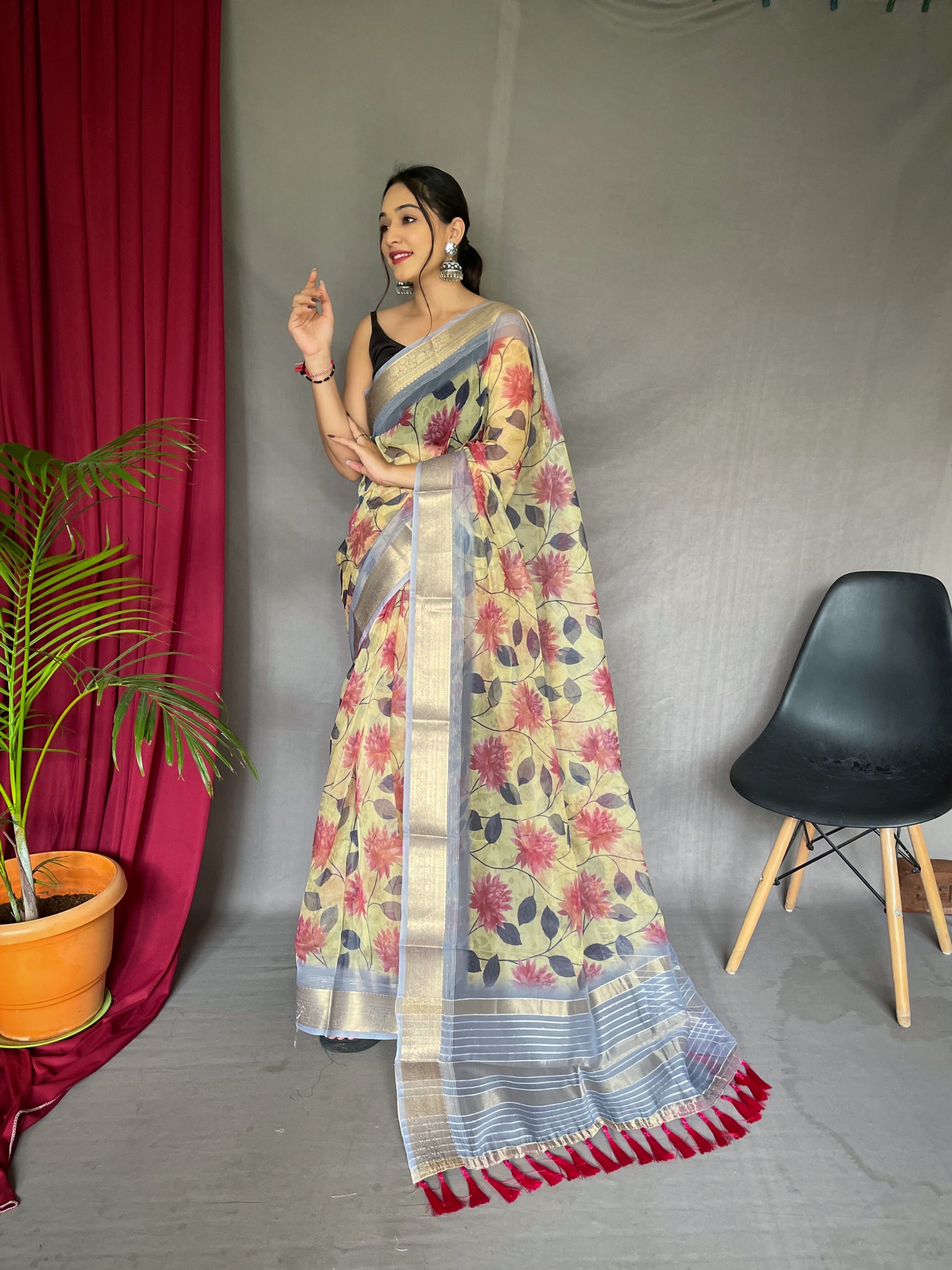 Organza Floral Printed with Sequins Jacquard Woven Saree Pastel Yellow Saris & Lehengas