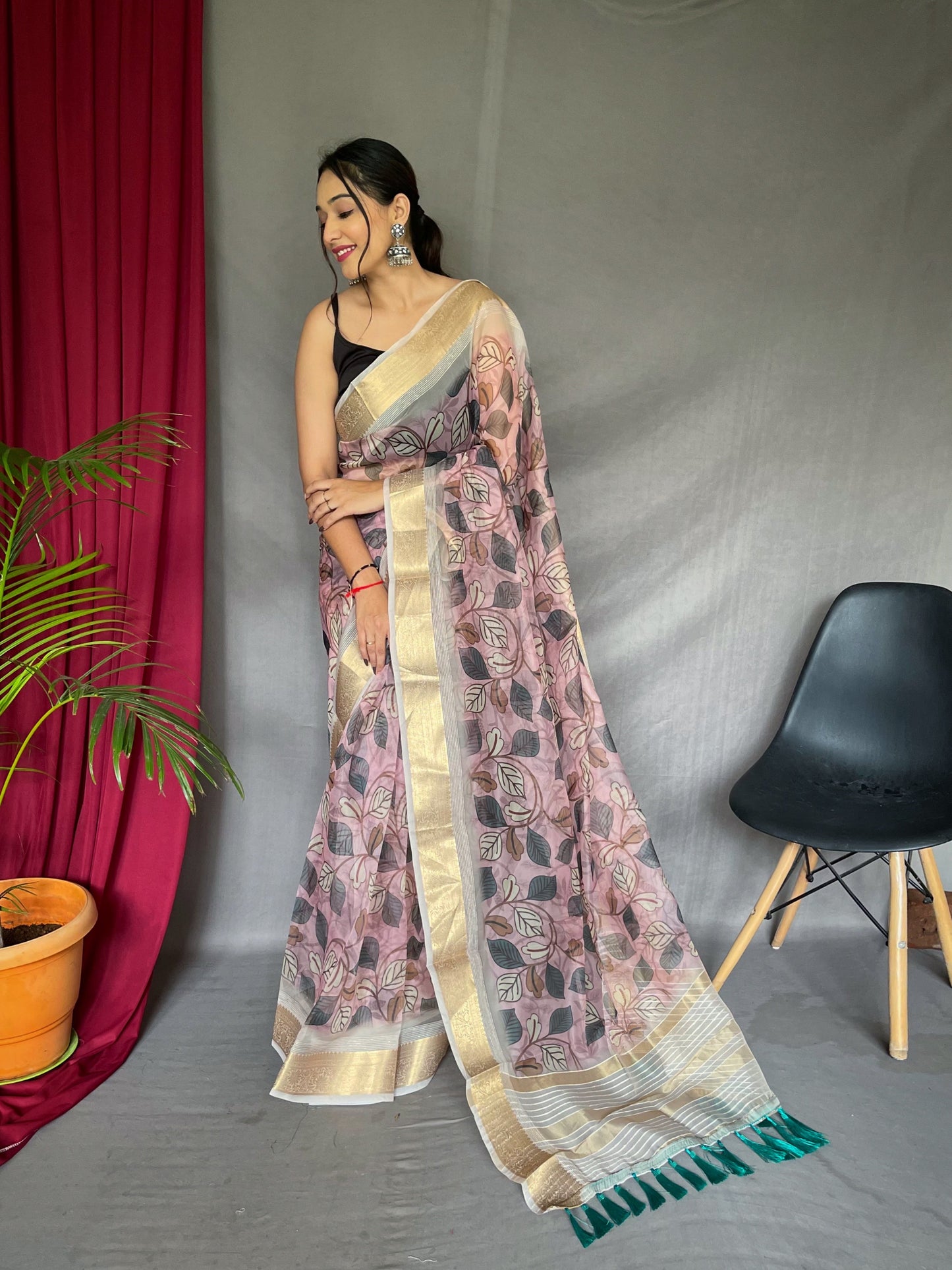 Organza Floral Printed with Sequins Jacquard Woven Saree Beauty Bush Saris & Lehengas