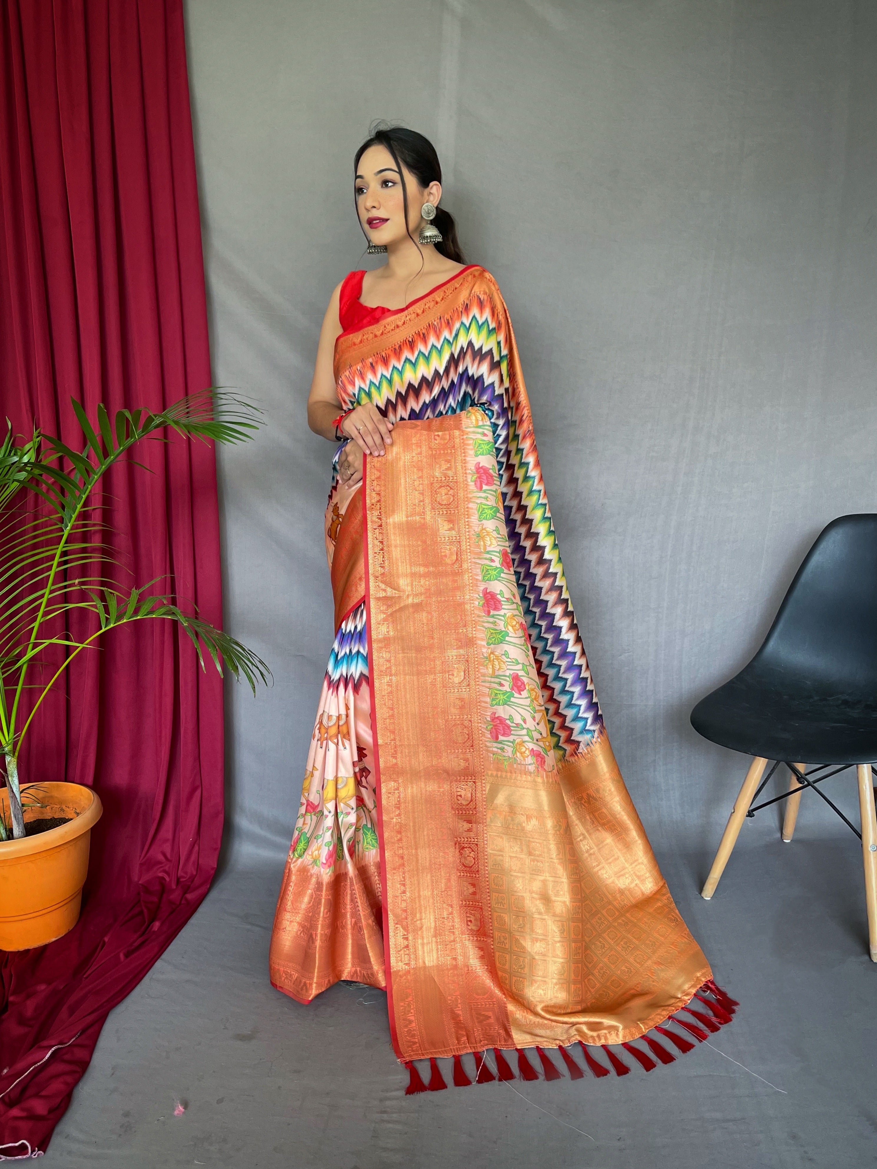 Shrikala Gala Chevron Kalamkari Printed Woven Saree Multicolor Saris & Lehengas