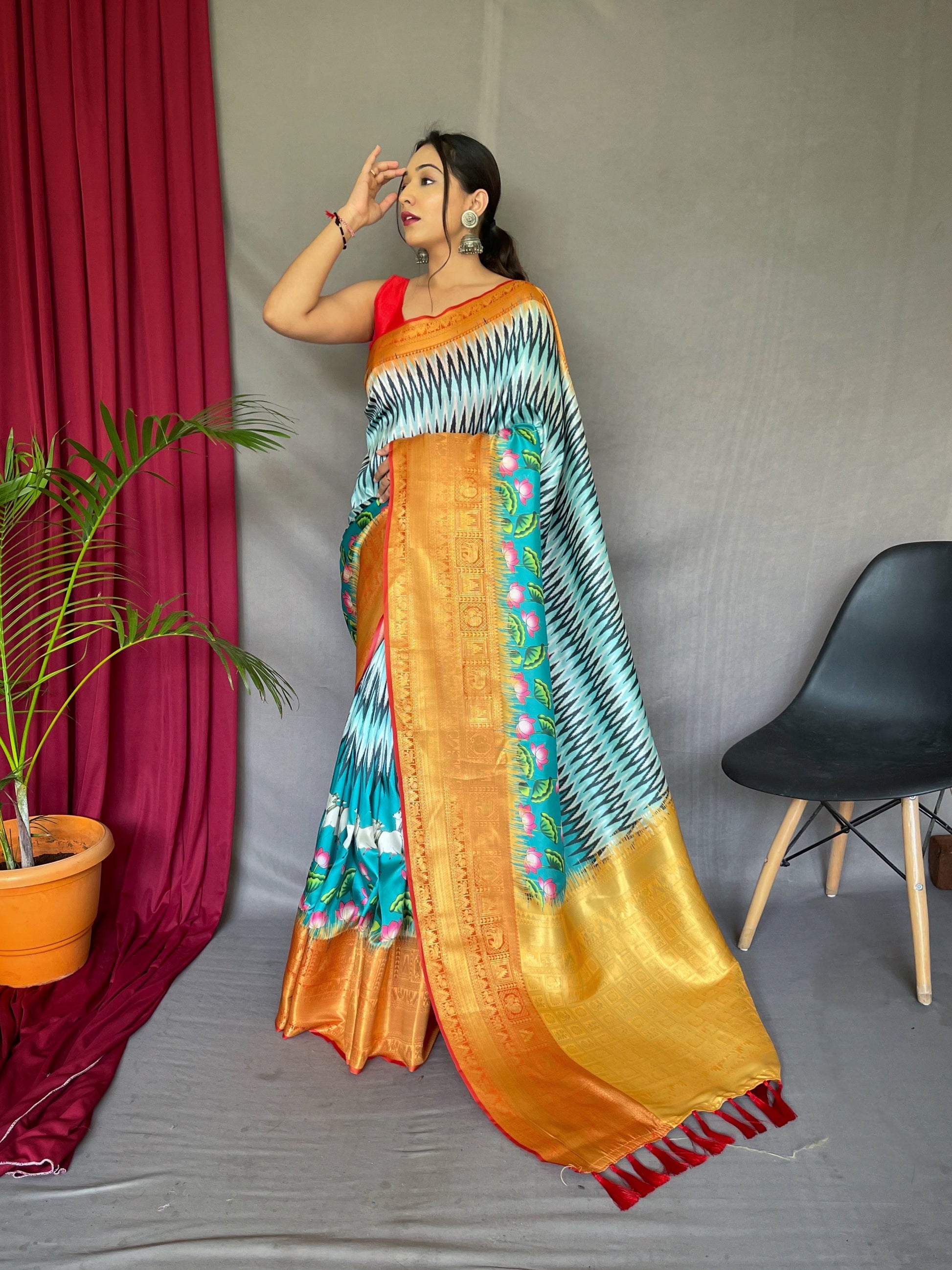 Shrikala Gala Chevron Kalamkari Printed Woven Saree Pacific Blue Saris & Lehengas