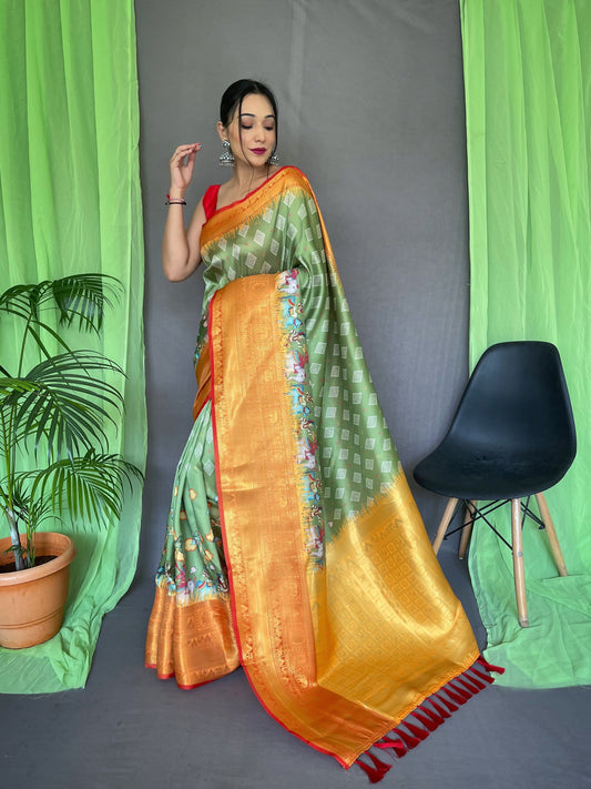 Shrikala Gala Bandhej Kalamkari Printed Woven Saree Flat Green Saris & Lehengas