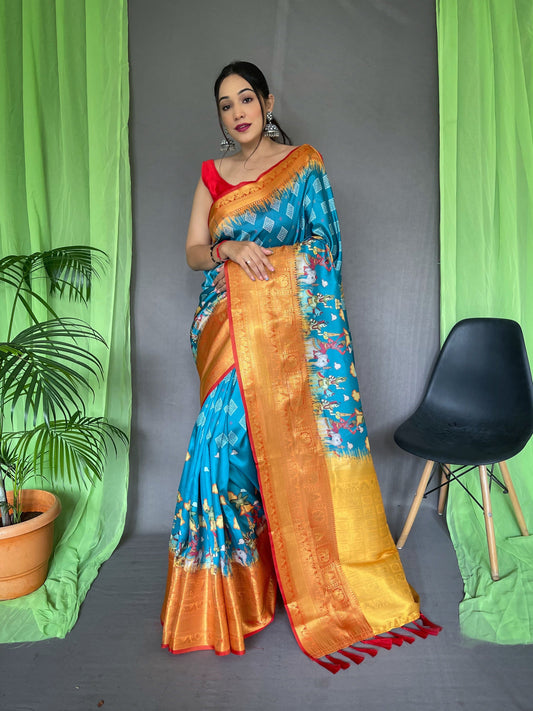 Shrikala Gala Bandhej Kalamkari Printed Woven Saree Eastern Blue Saris & Lehengas