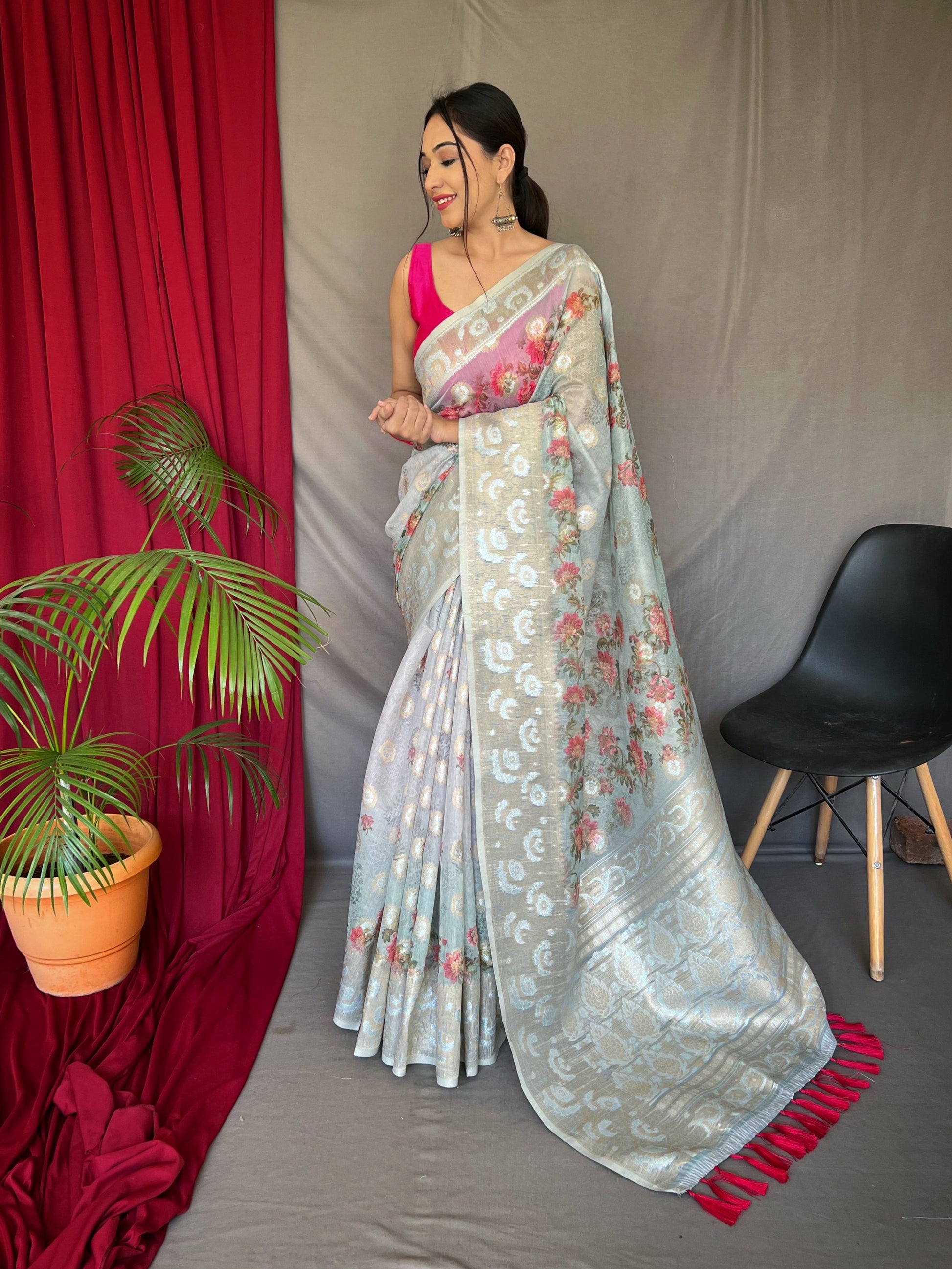 Banarasi Silk Dual Tone Floral Printed Woven Saree Powder Blue