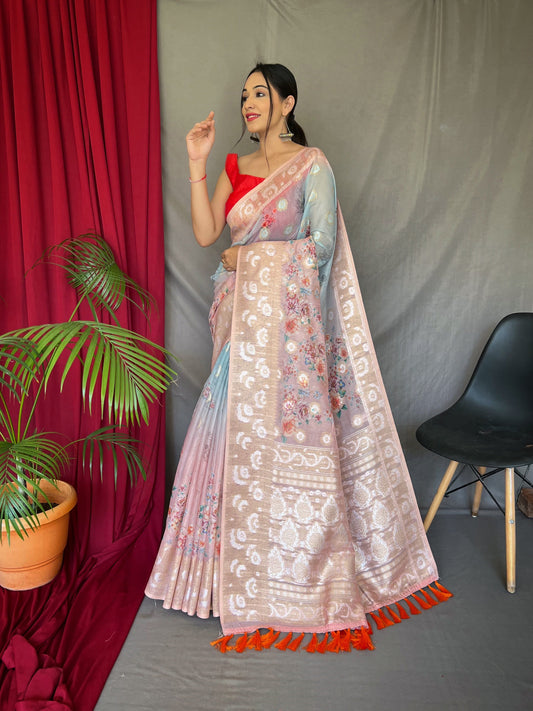Banarasi Silk Dual Tone Floral Printed Woven Saree Sky Blue with Pink