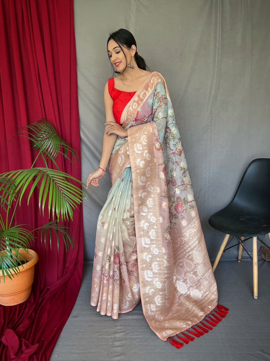 Banarasi Silk Dual Tone Floral Printed Woven Saree Sky Blue with Dusty Pink
