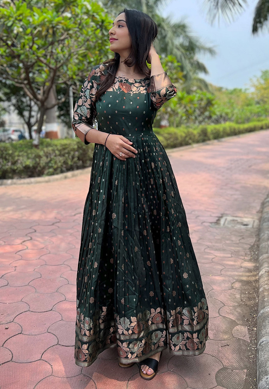Bottle Green Traditional Banarasi Silk Zari Woven Stitched Gown Party wear Saree