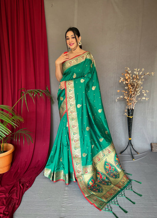 Paithani Silk Meenakari Peacock Zari Woven Saree Surfie Green Saris & Lehengas
