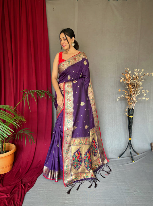 Paithani Silk Meenakari Peacock Zari Woven Saree Purple Saris & Lehengas