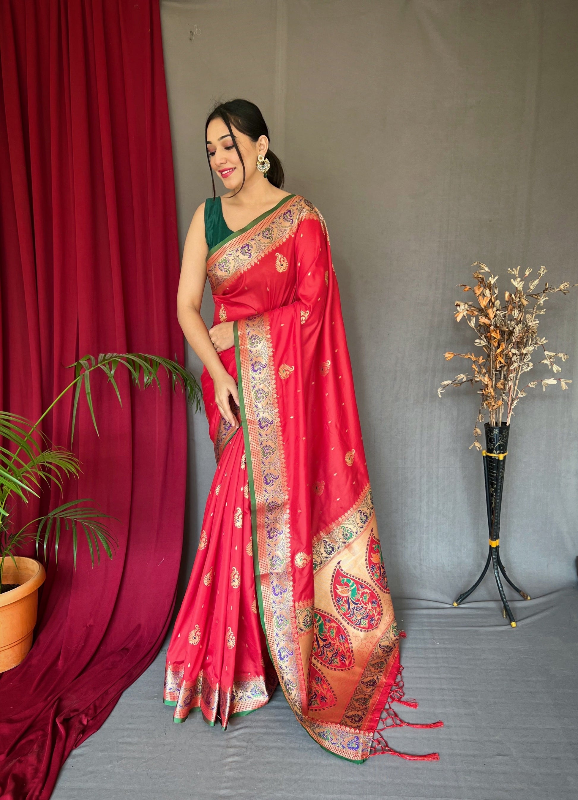 Paithani Silk Meenakari Peacock Zari Woven Saree Red Saris & Lehengas