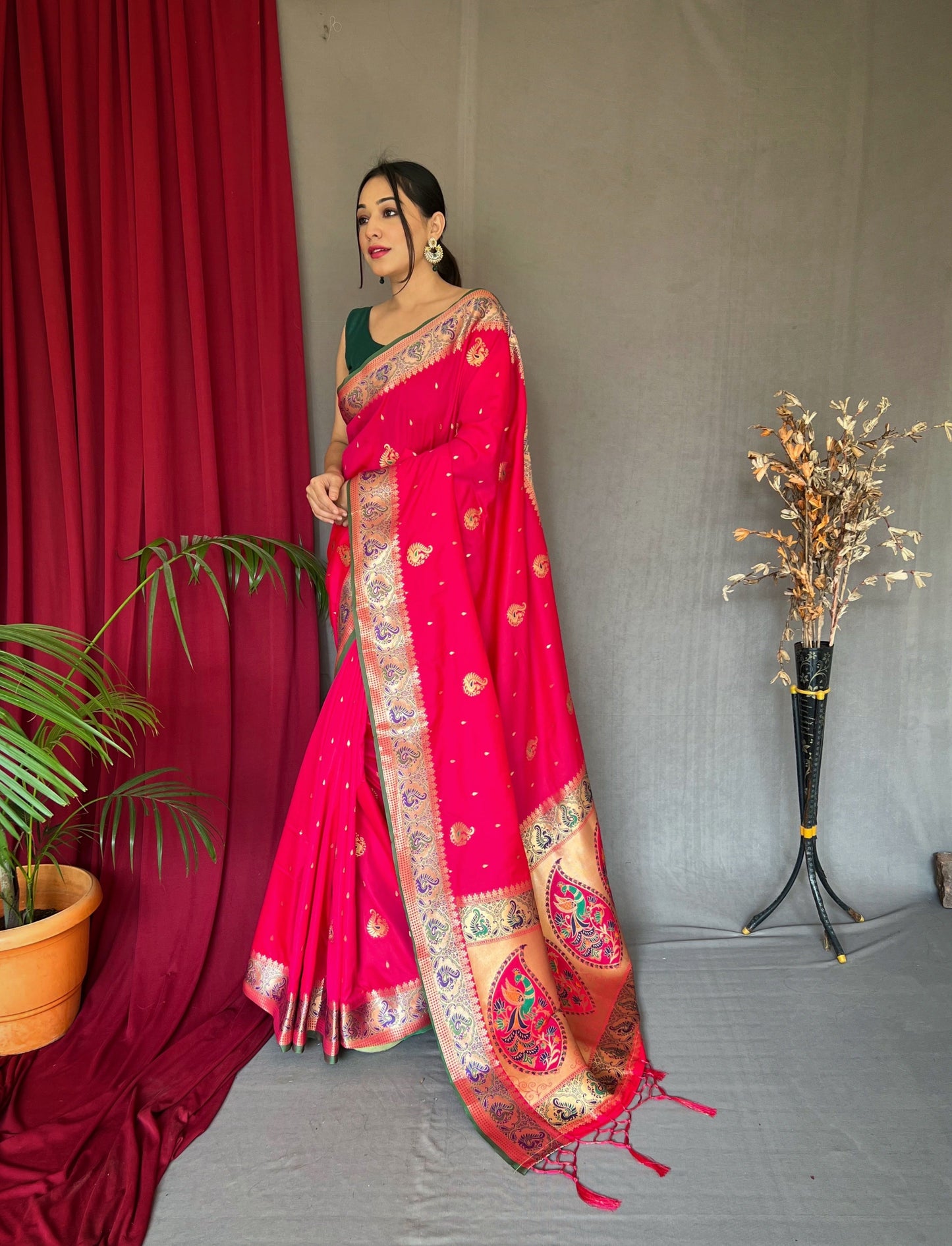 Paithani Silk Meenakari Peacock Zari Woven Saree Hot Pink Saris & Lehengas