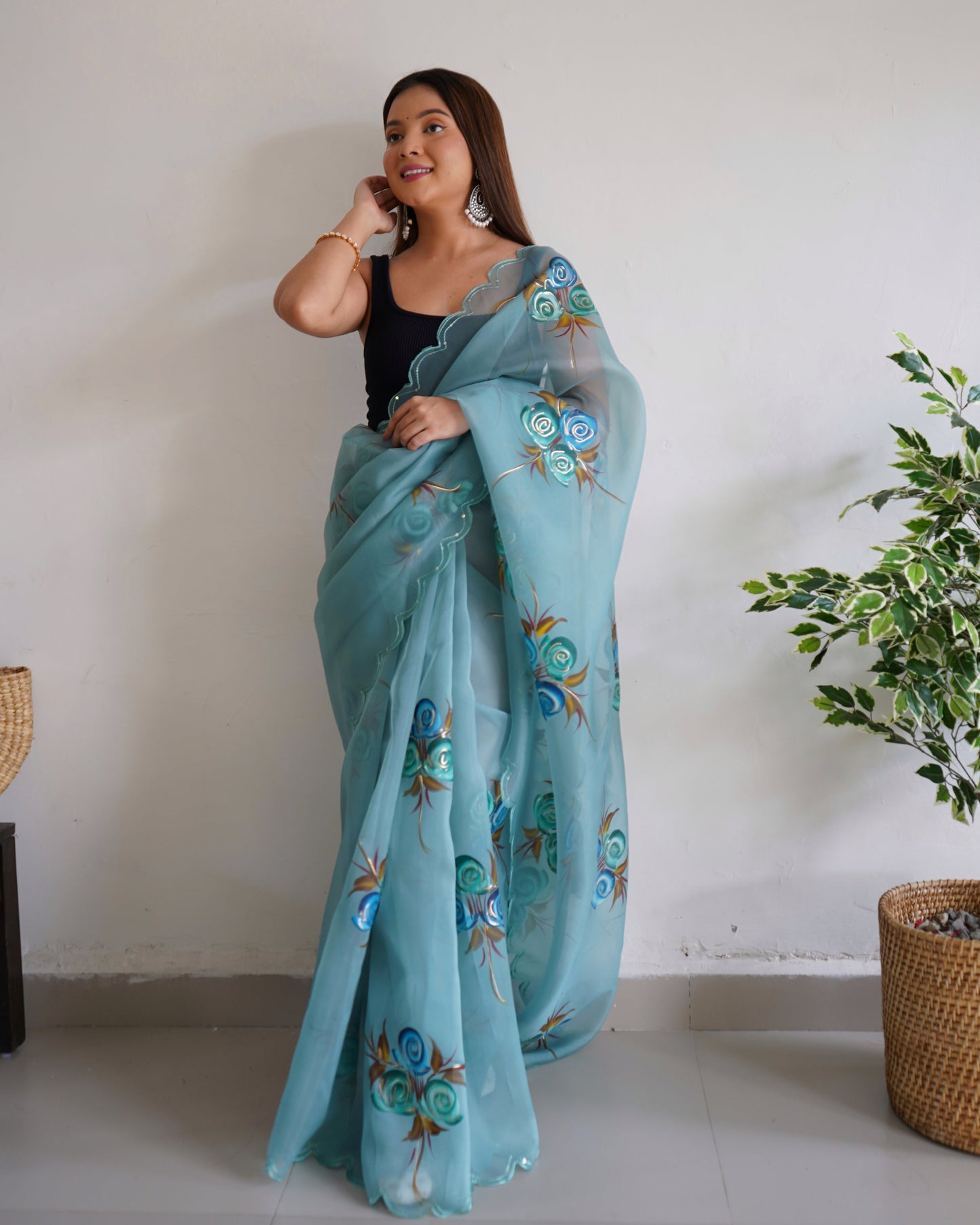 Organza Hand Painted Floral Saree Slate Blue