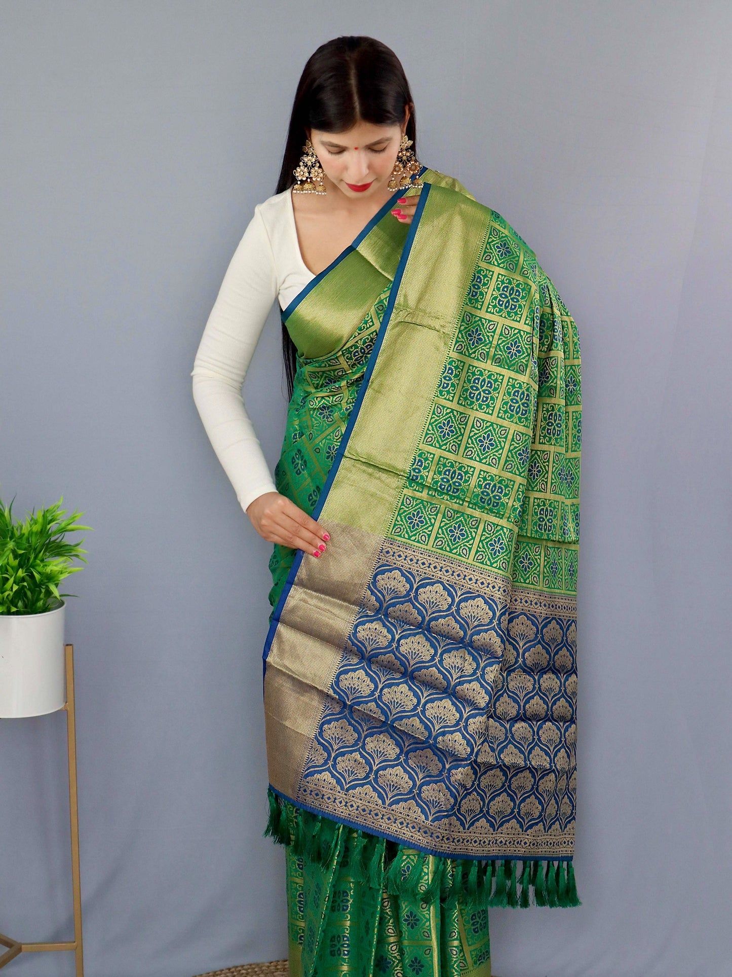 Patola Silk Green with N.Blue Saris & Lehengas