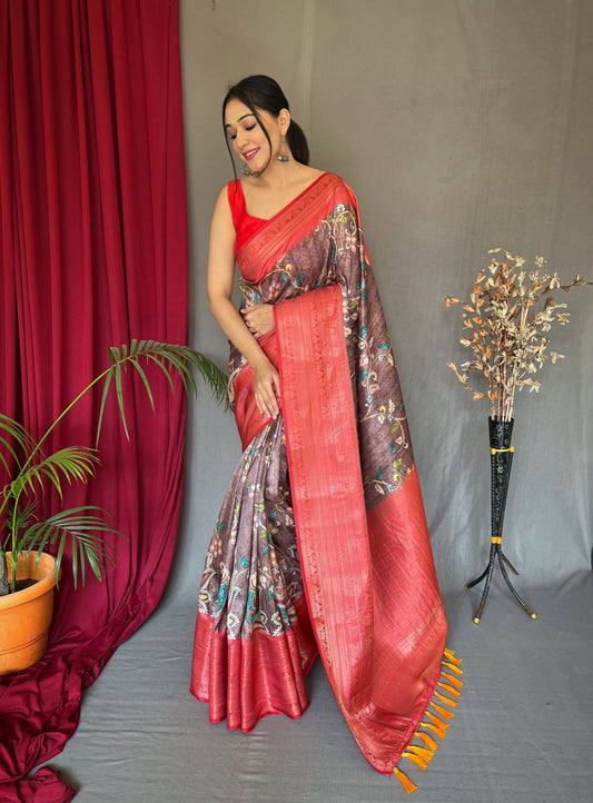 Manjulika Banarasi Silk Woven Saree with Kalamkari Prints Copper Rose