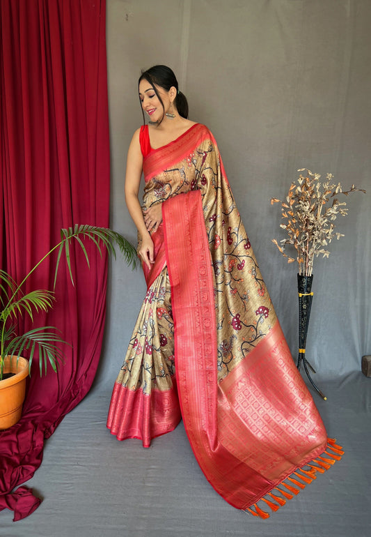 Manjulika Banarasi Silk Woven Saree with Kalamkari Prints Light Brown