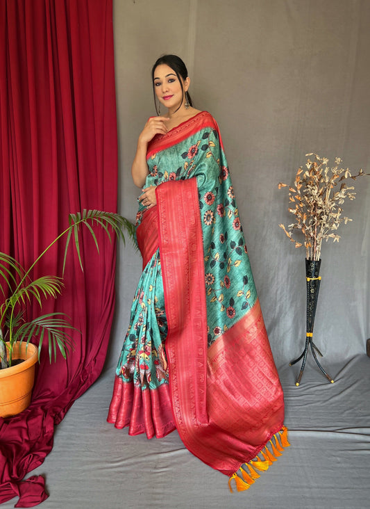 Manjulika Banarasi Silk Woven Saree with Kalamkari Prints Sea Green