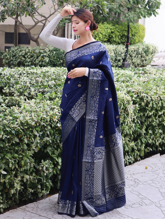 Riwaz Soft Silk Woven Navy Blue Saris & Lehengas