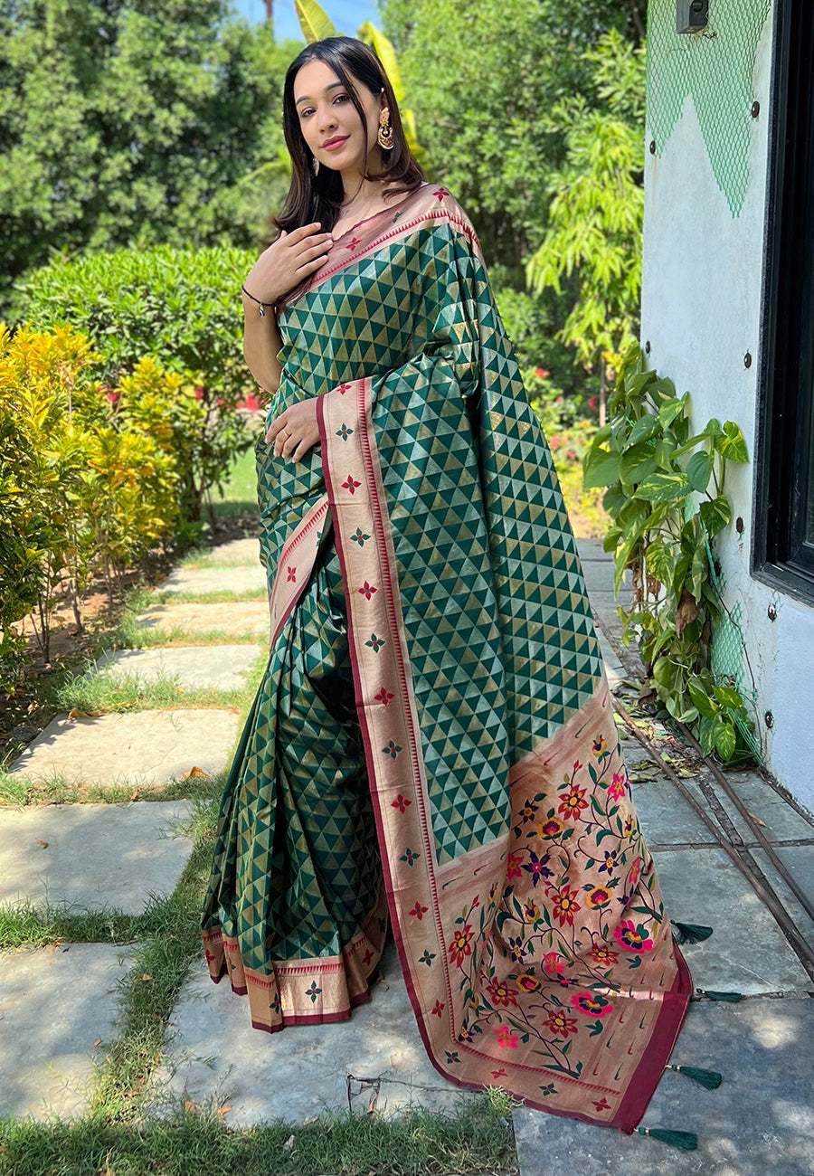 Dark Green Banarasi Paithani Silk Woven Saree