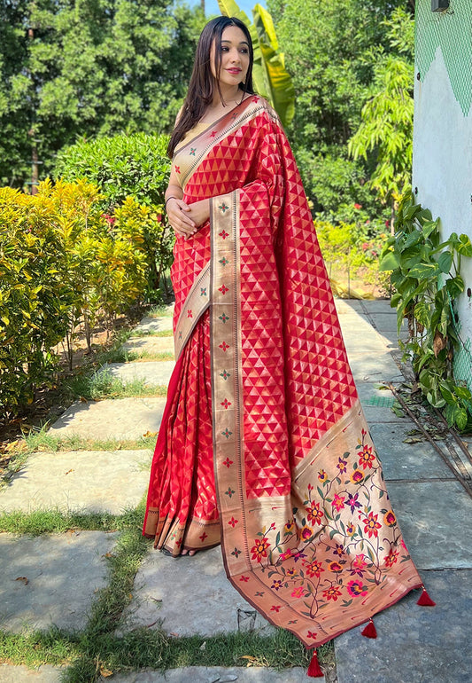 Red Banarasi Paithani Silk Woven Saree