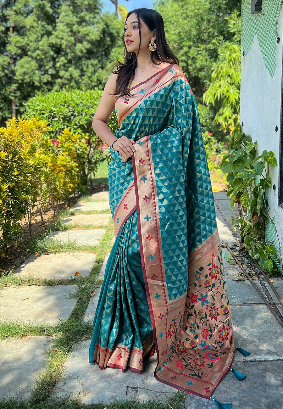 Sea Green Banarasi Paithani Silk Woven Saree