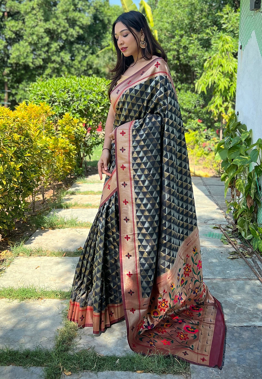 Black Banarasi Paithani Silk Woven Saree