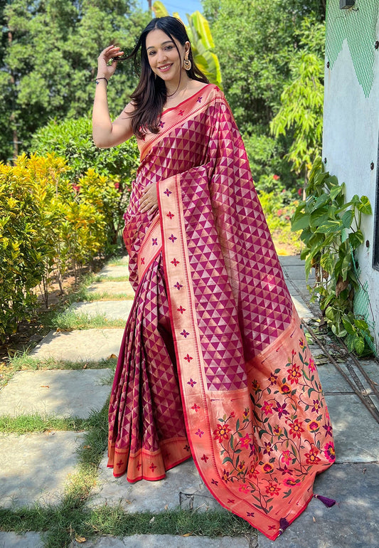 Wine Banarasi Paithani Silk Woven Saree