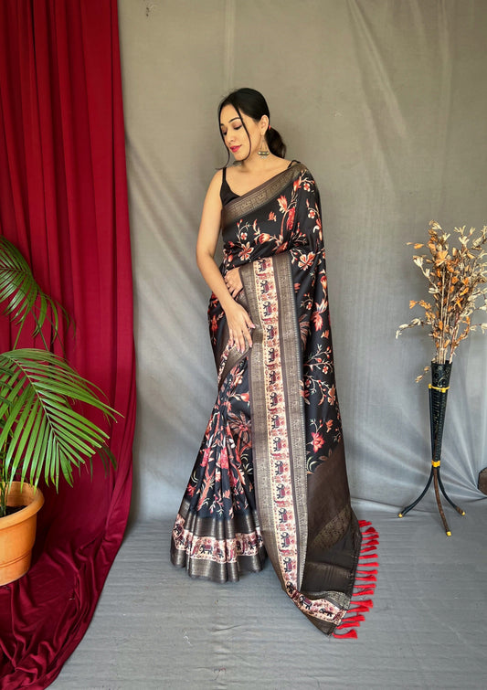 Chandrakala Banarasi Silk Contrast Woven Saree with Kalamkari Prints Charcoal Black