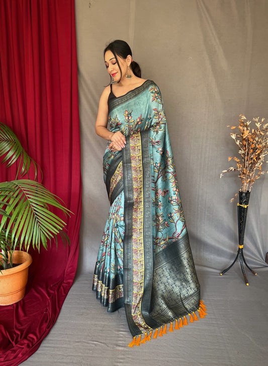 Chandrakala Banarasi Silk Contrast Woven Saree with Kalamkari Prints Cadet Blue
