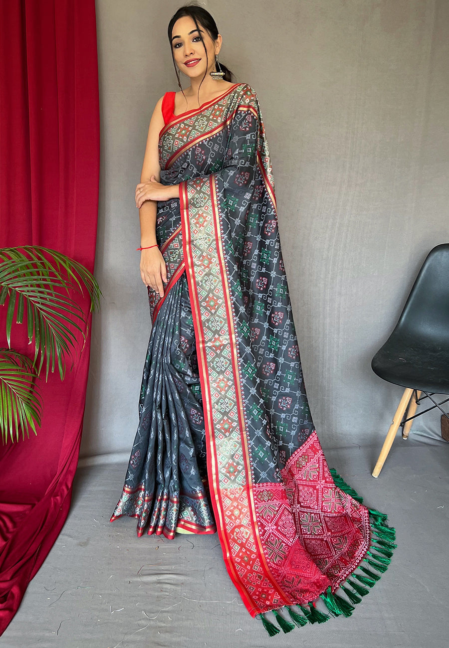 Rangeen Patola Contrast Woven Silk Saree Slate Grey Saris & Lehengas