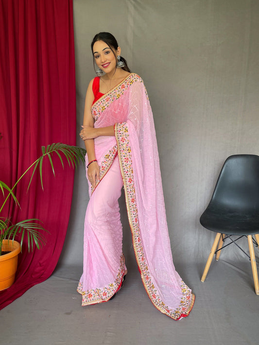 Georgette Sequins Designer Embroidered Saree Pastel Pink Saris & Lehengas