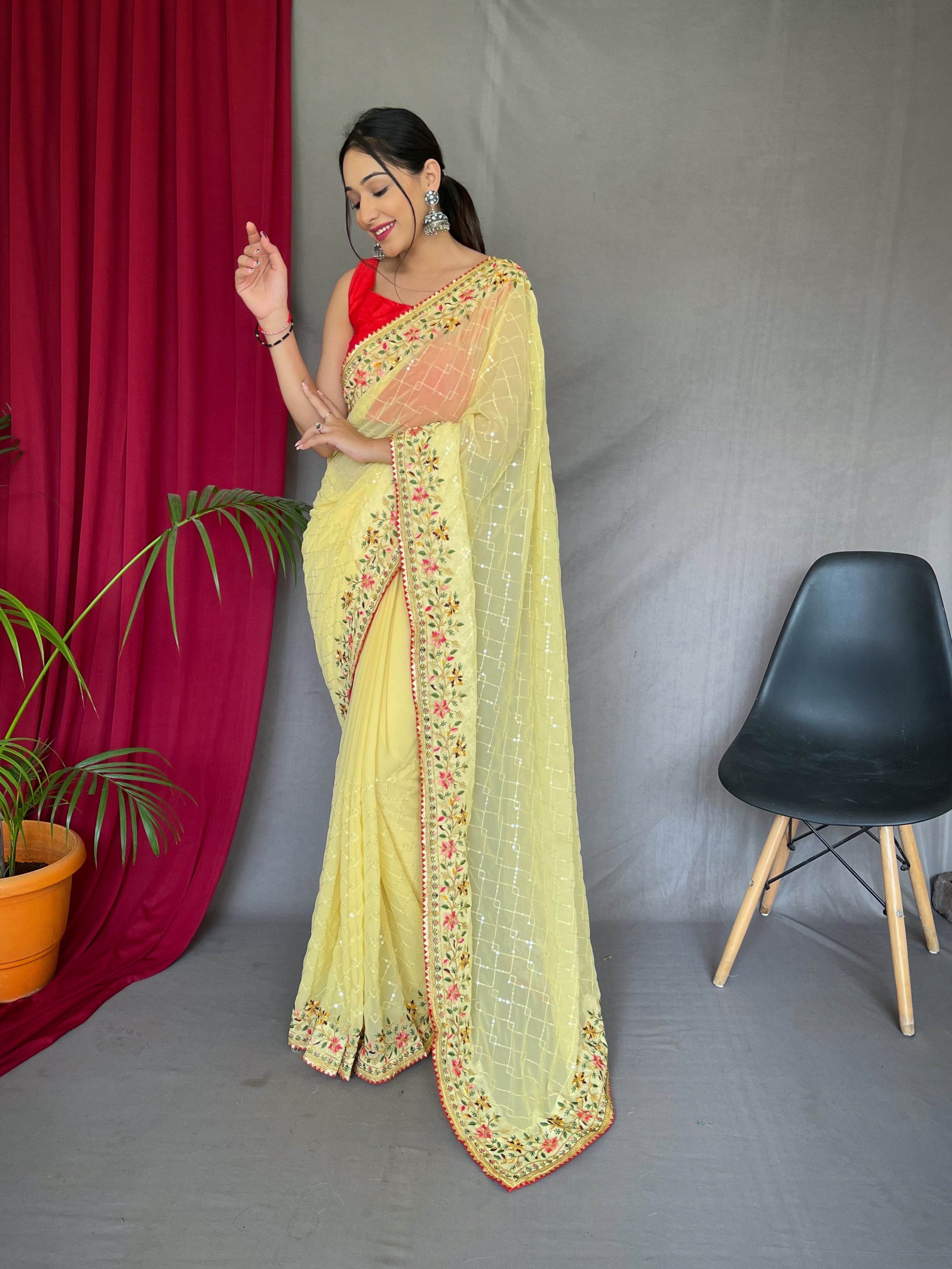 Georgette Sequins Designer Embroidered Saree Yellow Saris & Lehengas