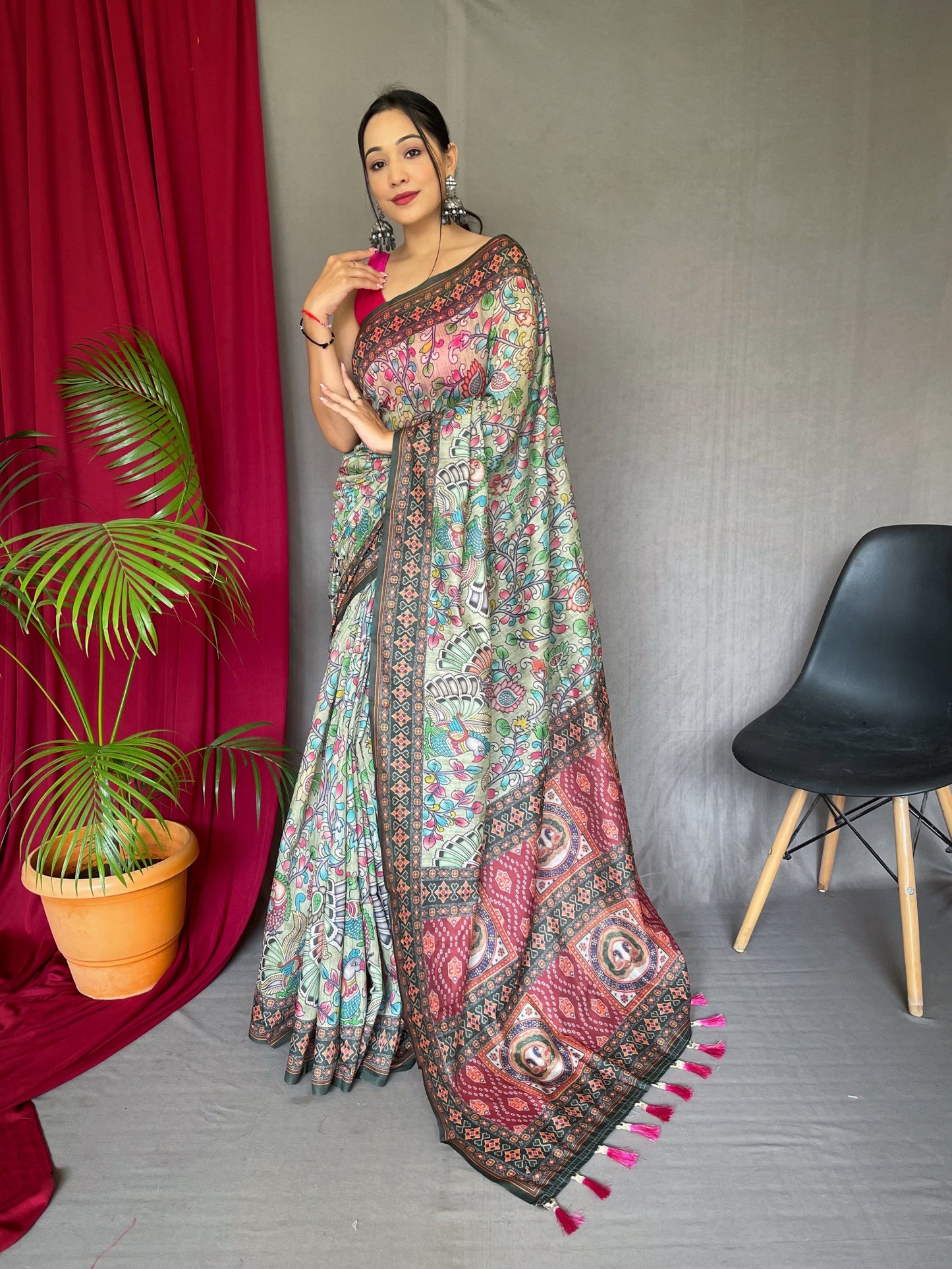 Cotton Bandhani Kalamkari Printed Saree Pista Green Saris & Lehengas