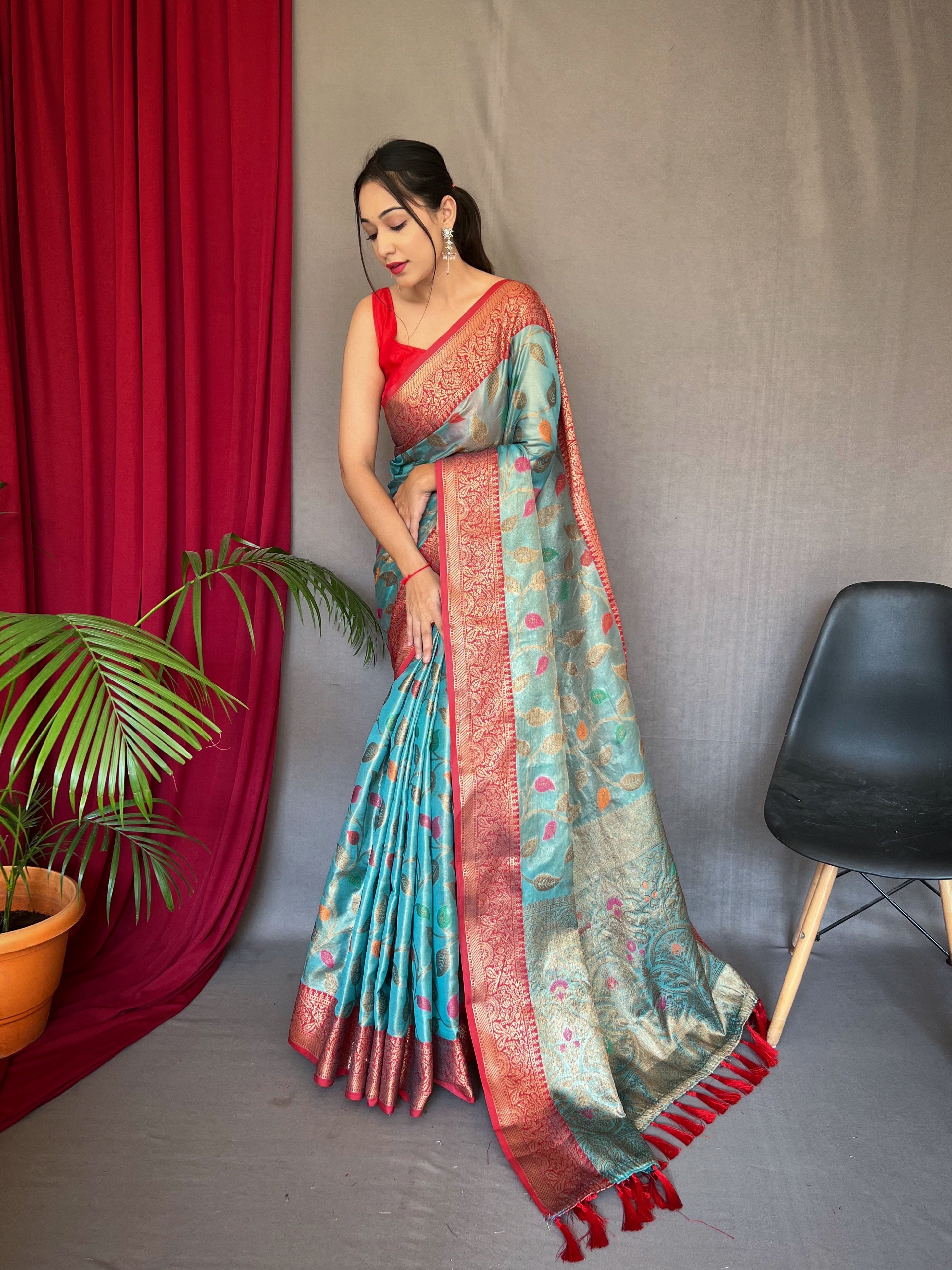 Kanjeevaram Tissue Silk Sitara Jaal Meenakari Woven Saree Cyan Blue Saris & Lehengas