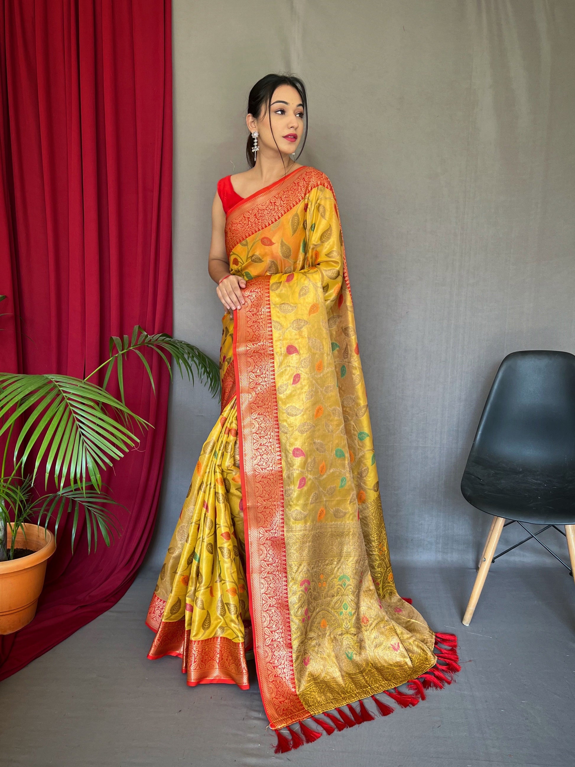 Kanjeevaram Tissue Silk Sitara Jaal Meenakari Woven Saree Orange Gold Saris & Lehengas