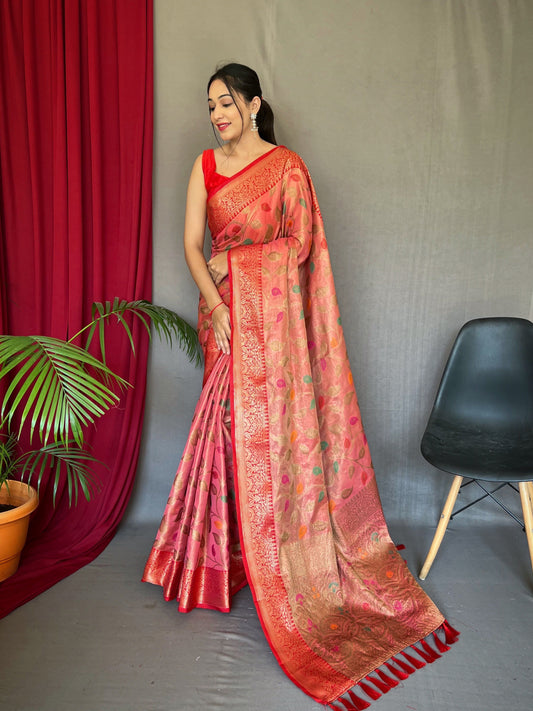 Kanjeevaram Tissue Silk Sitara Jaal Meenakari Woven Saree Watermelon Pink Saris & Lehengas
