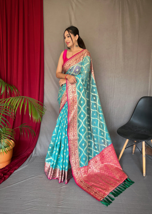 Banarasi Organza Silk Woven Saree Sky Blue Saris & Lehengas