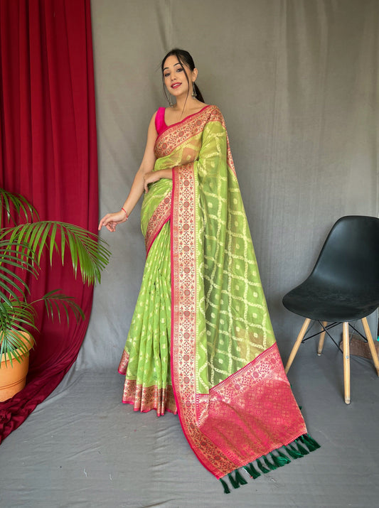 Banarasi Organza Silk Woven Saree Parrot Green Saris & Lehengas