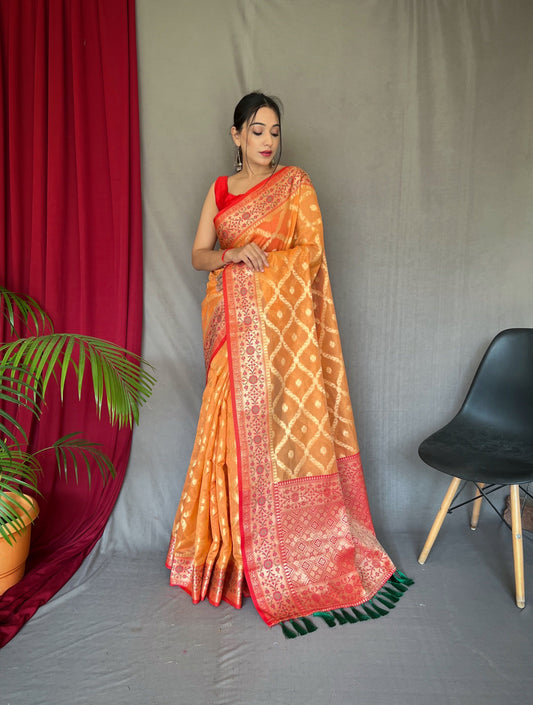 Banarasi Organza Silk Woven Saree Pastel Orange Saris & Lehengas