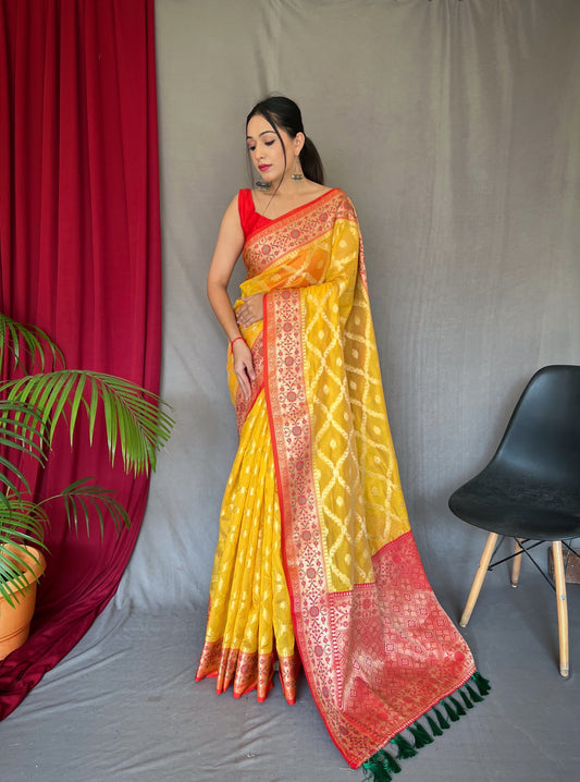 Banarasi Organza Silk Woven Saree Yellow Saris & Lehengas