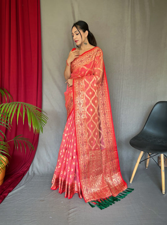 Banarasi Organza Silk Woven Saree Pastel Peachy Pink Saris & Lehengas
