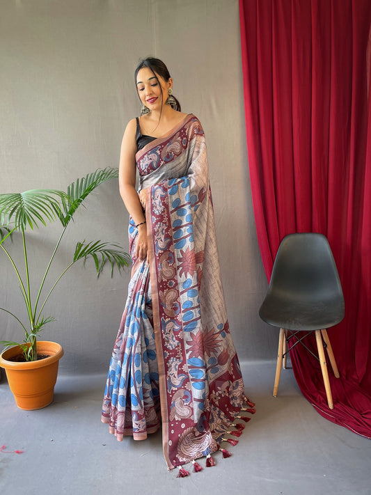 Kalanandi Cotton Kalamkari Printed Saree Grey Saris & Lehengas