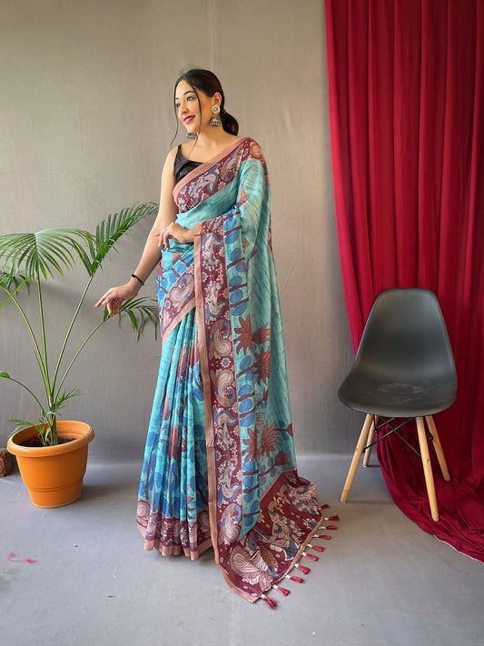 Kalanandi Cotton Kalamkari Printed Saree Blue Saris & Lehengas