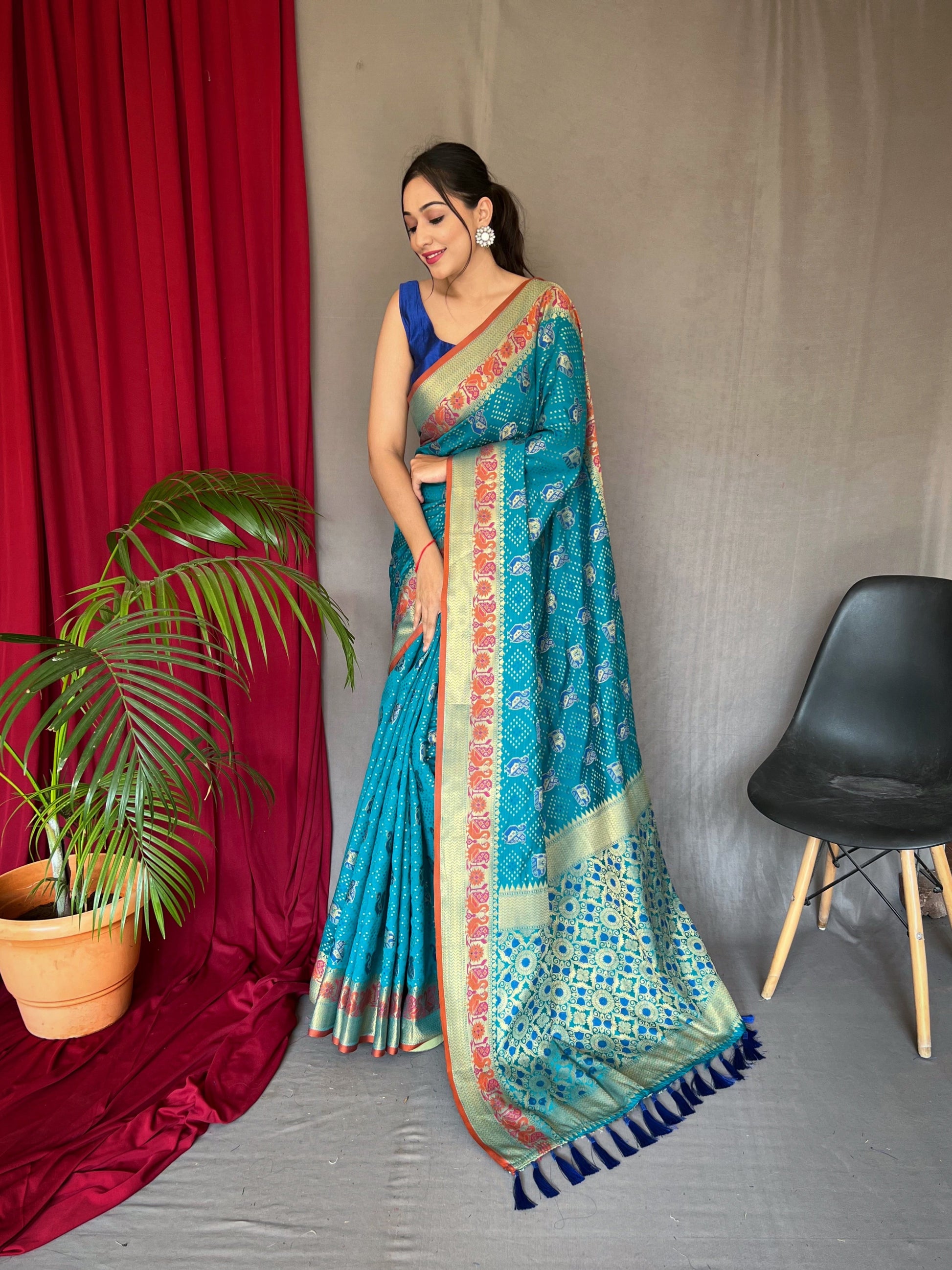 Kutch Patola Silk Woven Saree Mustard Pacific Blue Saris & Lehengas