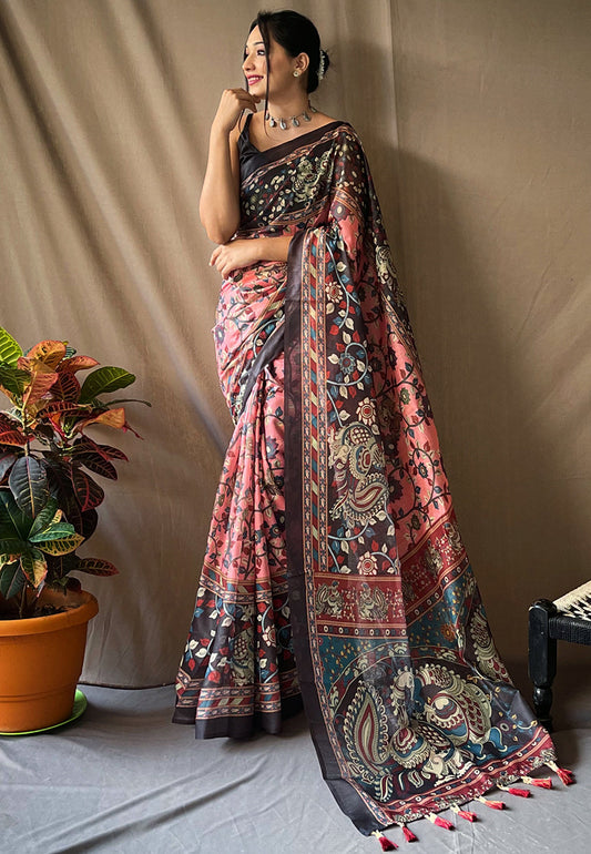 Cotton Kalamkari Printed Saree Dusty Pink Saris & Lehengas