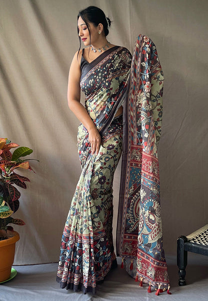 Cotton Kalamkari Printed Saree Thistle Green Saris & Lehengas
